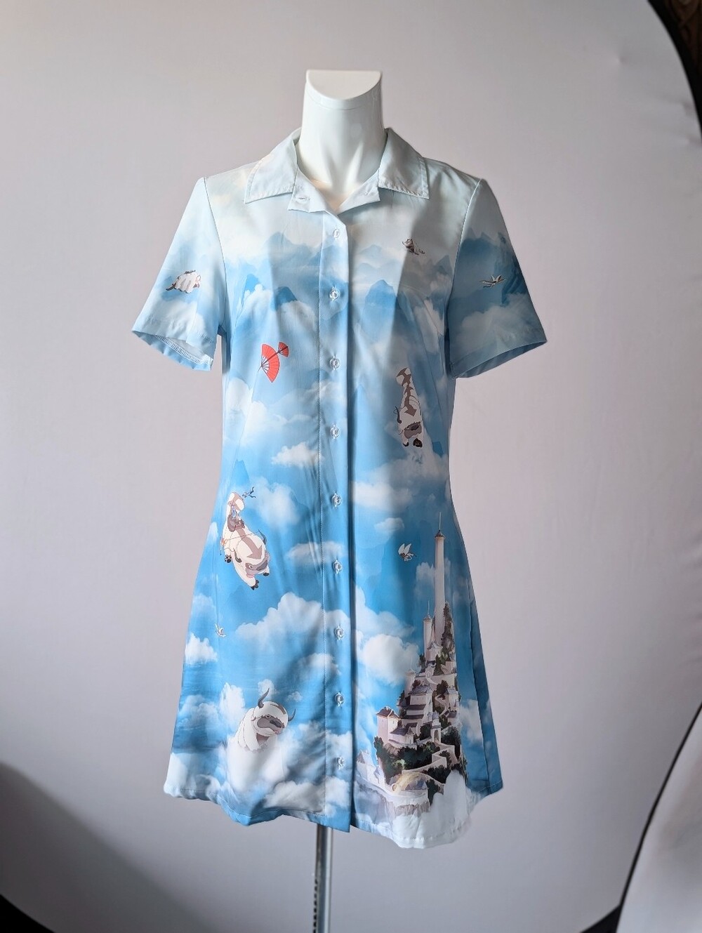 Avatar Last Airbender Appa Blue Cloud & Castle Button-Front Dress Sz XSmall
